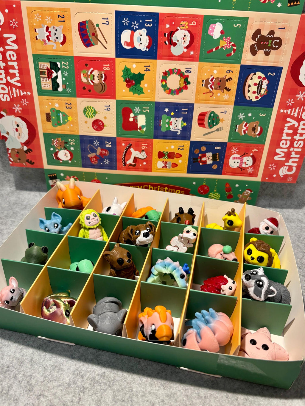 Calendar with 3D Printed Mini Animals for Christmas
