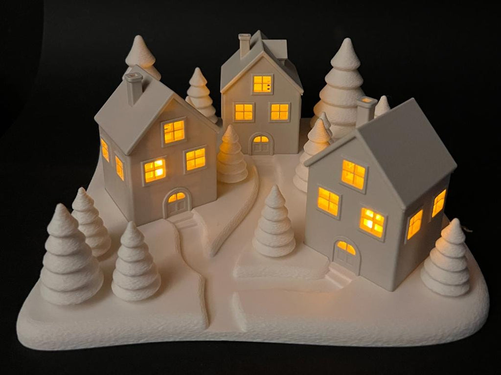 Tealight Winter Village – 3D Printed Houses & Snowy Trees | Cozy LED Candle Display | Handmade Holiday Decor