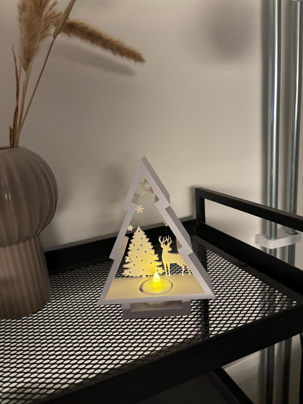 Winter Glow Tree Scene | 3D Printed Christmas Tealight Decoration | Cozy Holiday Light Display