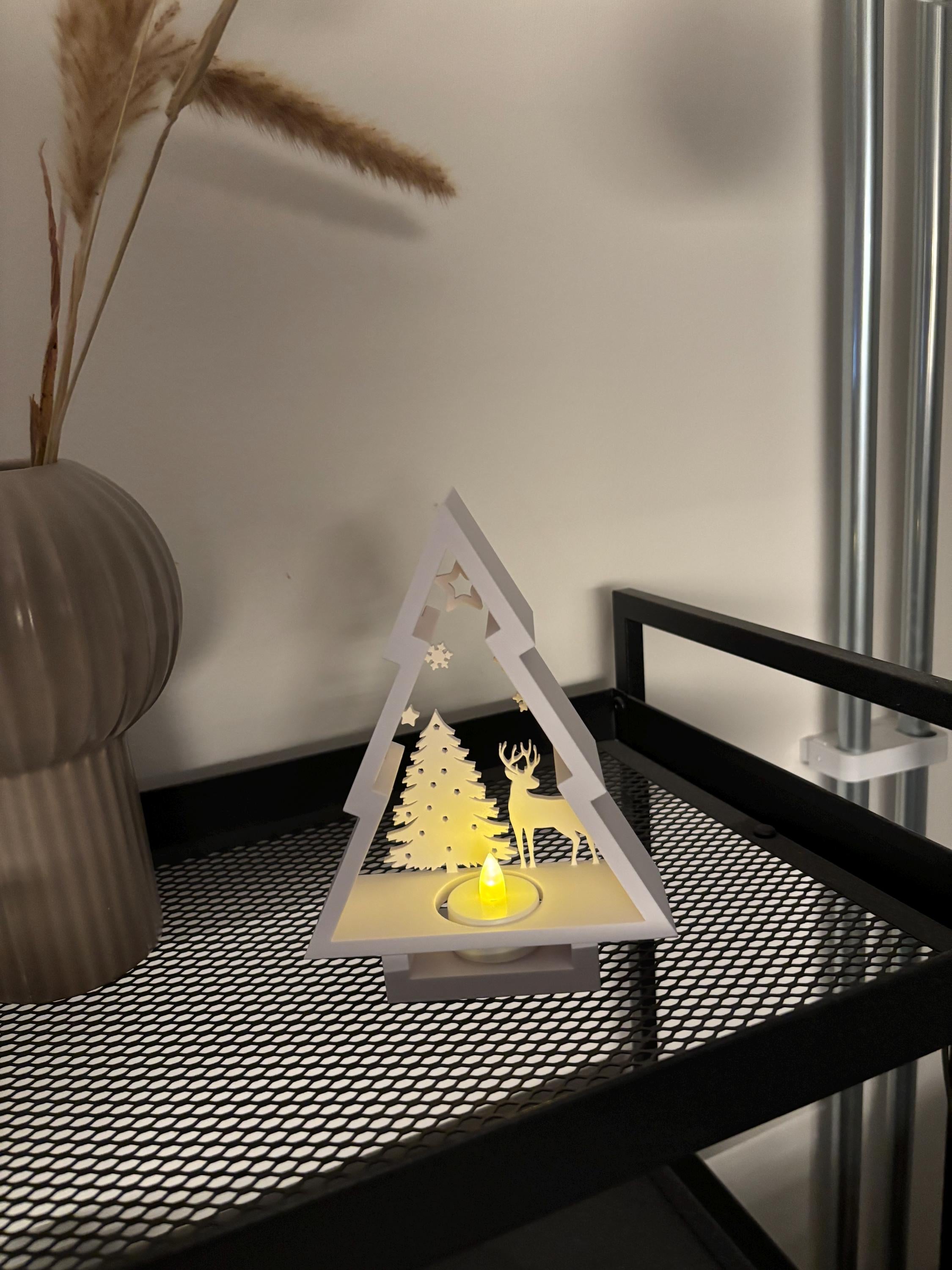 Winter Glow Tree Scene | 3D Printed Christmas Tealight Decoration | Cozy Holiday Light Display